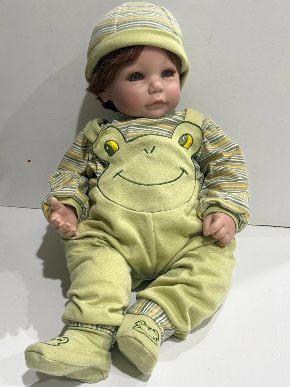 Green Frog Infant Doll Outfit — Striped Onesie & Hat